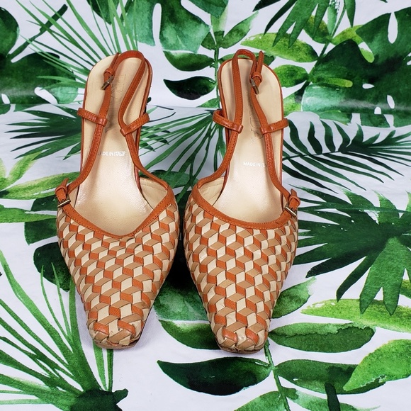 Prada Shoes - Prada woven leather slingback heels tan orange 8